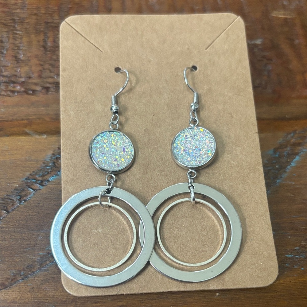 Silver Dangle Earrings with Glitter Accents